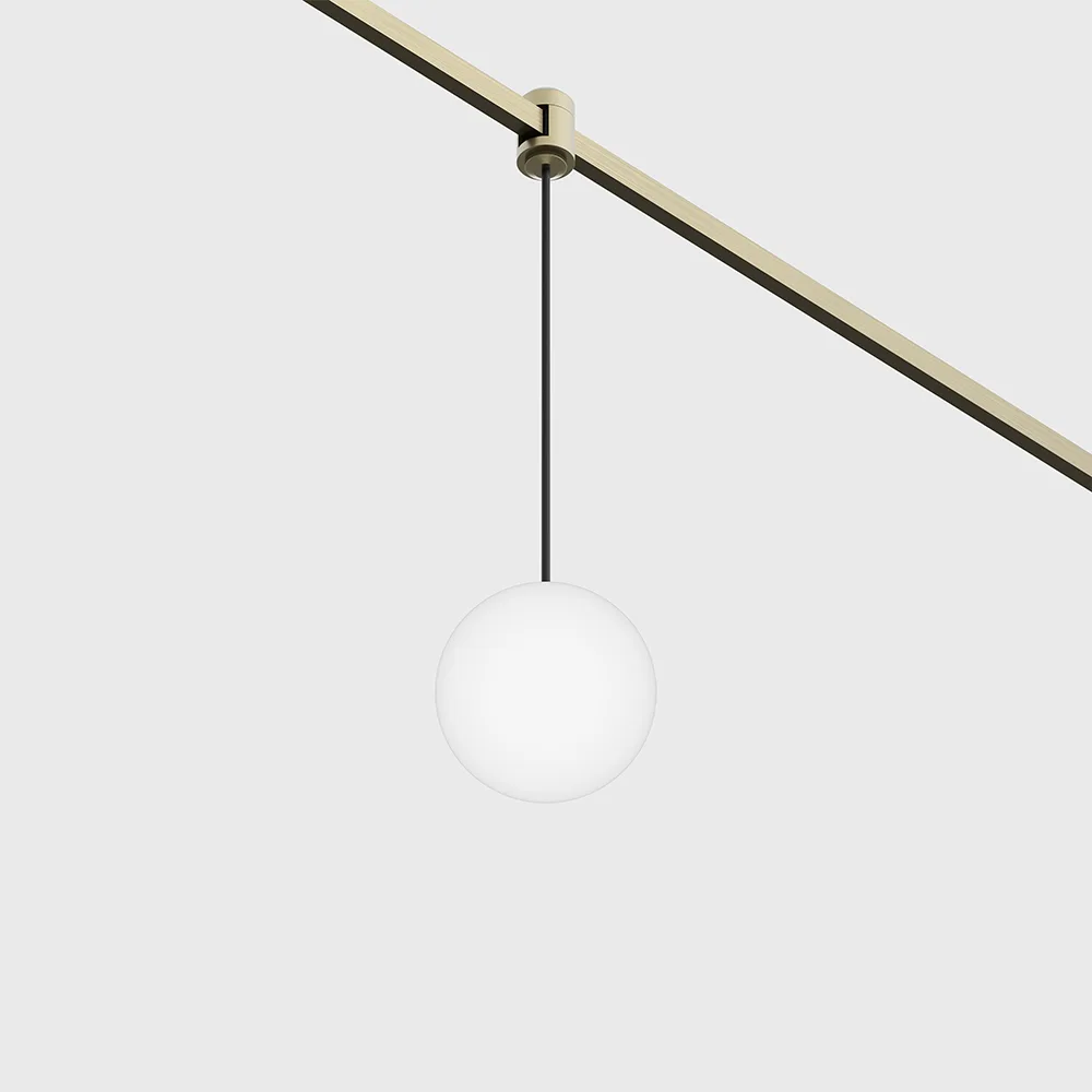 15.1000.4.930.BR_1 Suspended luminaire AIR_SFERA P, D100mm, LED 4W, 3000K, 360°, 142Lm, CRI>90, 48V, DIM: DALI, 0-10V, IP20, opal, brass color - imagine 1